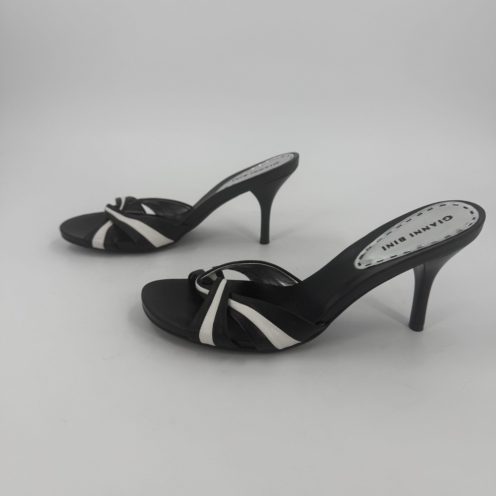 Gianni Bini Women's 9.5 M Black White Leather Strappy Stiletto Heel Sandals